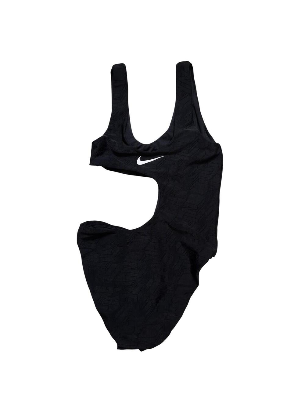 Nike Women’s Black Solid One-Piece Cutout Swimsuit Logo Accent Size XS
